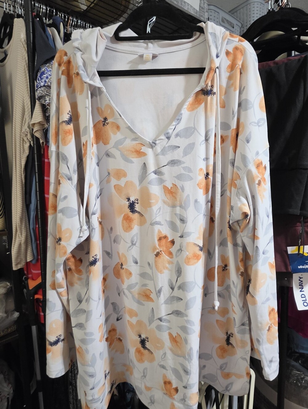 Floral V-Neck Hoodie Top - Orange Floral